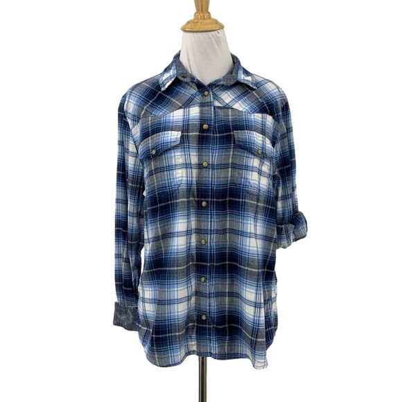 Jachs Girlfriend Shirt Women S Small Multi Plaid Flannel Snap Button Tab Sleeve - Picture 1 of 13